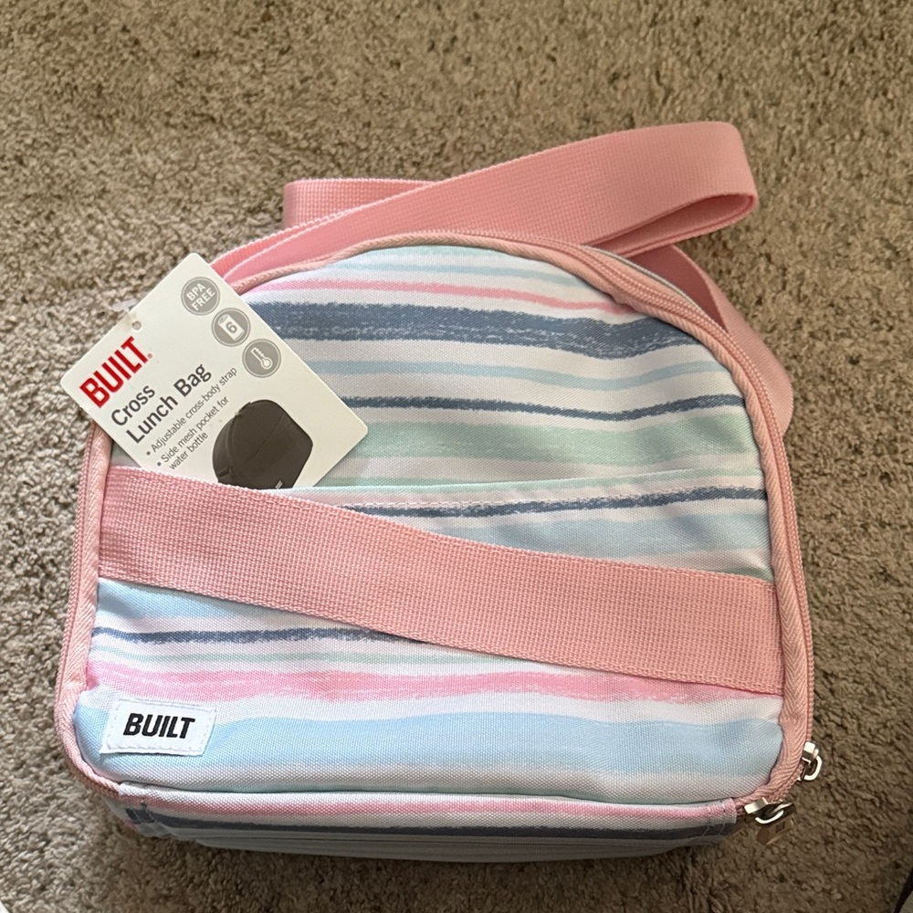 BUILT Pastel Striped Insulated Crossbody Lunch Bag with Pink Strap